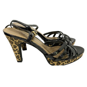 Fioni Strappy Platforms High Heels Sandals Black Patent & Tan Animal Print 8.5M